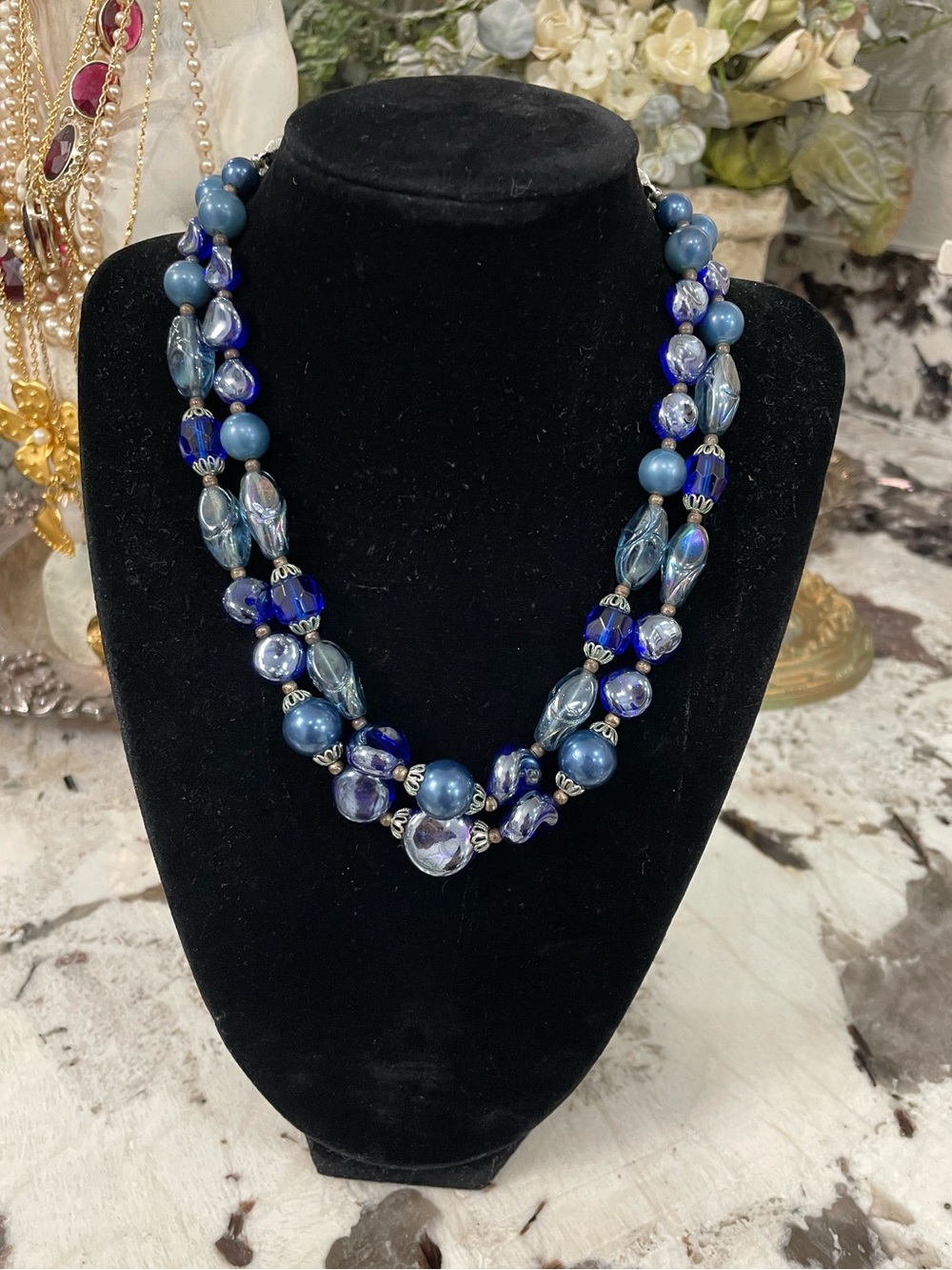 Vintage TRIFARI Cobalt Blue Glass Bead Necklace 2 Tier Peacock Iridescent Silver